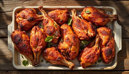 Roasted lamb dish arranged on wooden table, Eid al-Adha celebration