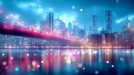 A striking photograph captures a cityscape at night, its neon lights creating a warm glow against the backdrop of skyscrapers and bridges.