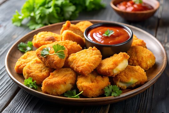 golden crispy chicken nuggets on a plate with sauce - Powered by Adobe