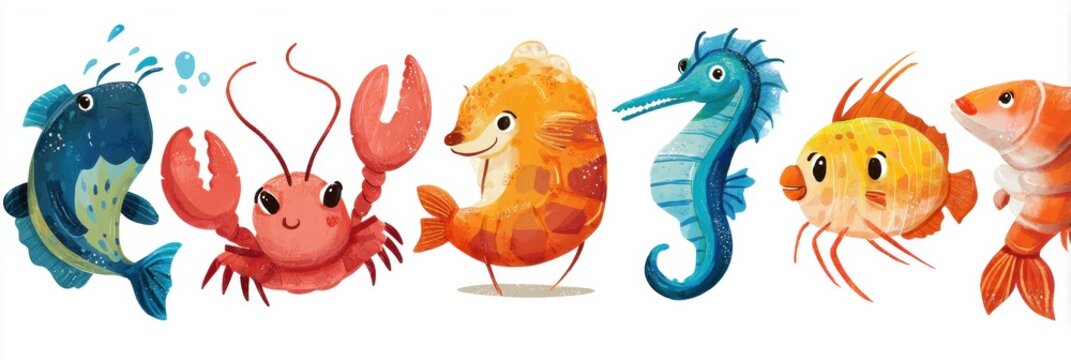 Colorful Cartoon Seafood Characters Designed for a Kids Menu Featuring Playful Designs That Appeal to Young Diners During Meal Times