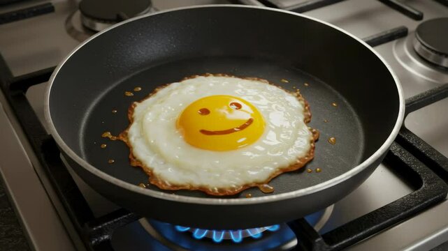Happy Sunny Side Up Egg Cooking on Stovetop - A single fried egg with a smiley face drawn on the yolk cooks in a black frying pan on a gas stove. The egg is sunny side up and surrounded by a small amo