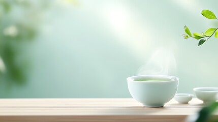 A calming high-resolution image of green tea in a traditional porcelain teacup, with room for text.