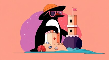 Penguin building sandcastles, wearing sunglasses and hat, on a beach background