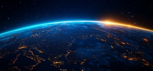 Obraz premium A Breathtaking View of Earth from Space Highlighting City Lights and Sunrise