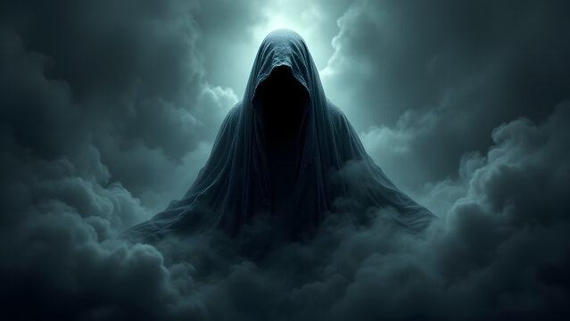 Mysterious Figure in the Clouds: A spectral, hooded figure emerges from the depths of billowing clouds, shrouded in an aura of mystery and the unknown.