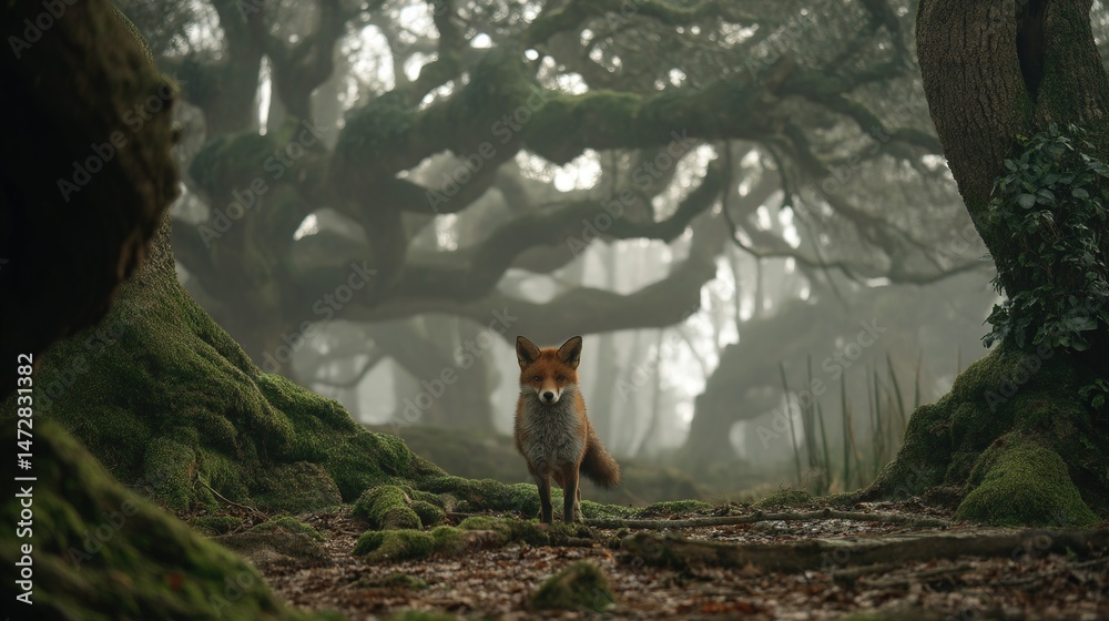 Canvas Prints a red fox stands amidst mossy ground and towering trees in a forest setting