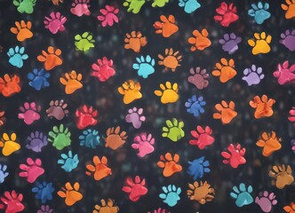 Joyful, multicolored paw prints in a playful, repeating design , paw impression, background