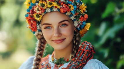 Portrait of a Smiling Woman with Floral Headdress and Braided Hair in Natural Light