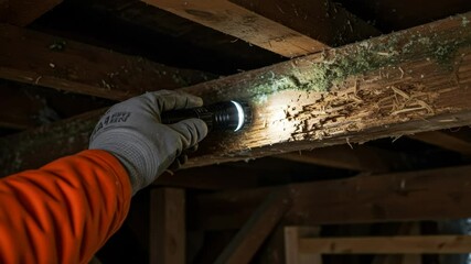 Inspection of Damaged Wooden Beam with Flashlight - A gloved hand holds a flashlight to inspect a damaged wooden beam in a dark attic or basement.  The beam shows significant damage and signs of wood