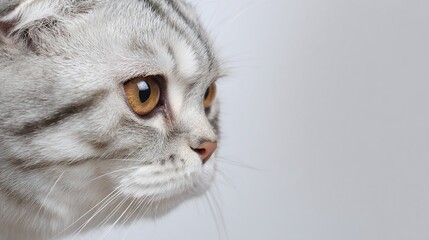   A close-up of a cat's face against a white wall background