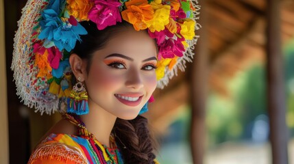 Smiling Asian Woman Wearing Colorful Floral Headpiece Outdoors