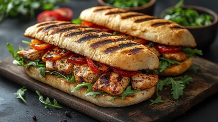 Grilled chicken sandwiches with fresh greens and tomatoes on a dark wooden board