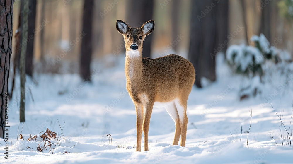 Canvas Prints a deer in a snowy forest gazes into the camera with curiosity