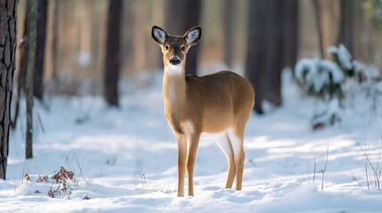   A deer in a snowy forest gazes into the camera with curiosity