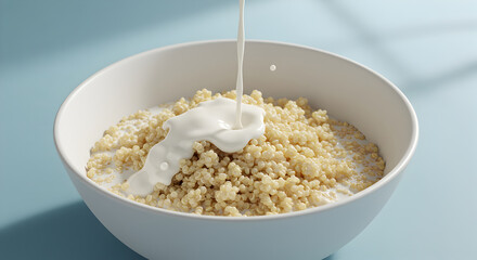 Quinoa Bowl Being Covered with Fresh Milk for Healthy Lifestyle