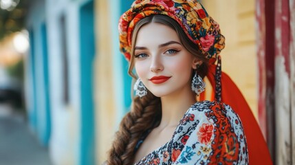 Fair-Skinned Woman with Headscarf Posing in Front of Colorful Building
