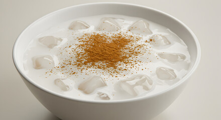 Delicious Horchata Drink With Rice and Cinnamon Powder in White Bowl