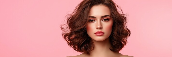Fototapeta premium A woman with short brown hair and a pink background. She is wearing a red lipstick. Concept of confidence and beauty