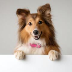 Happy sheltie dog portrait against white background
