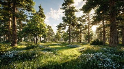 Obraz premium Sunlight filters through tree trunks and lush vegetation in a dense woodland carpeted with vibrant bluebells and diverse flora