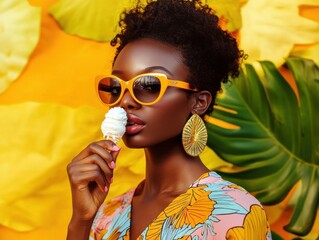 Glamorous African woman with sunglasses holding an ice cream cone