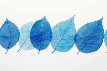Obraz premium Blue skeleton leaves arranged in row on white background. Delicate translucent botanical pattern for modern minimal designs.