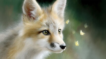 Obraz premium A fox's face in focus with a butterfly nearby and blurred background