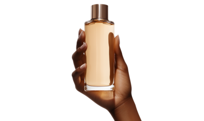 A Black woman's hand holding up an elegant glass bottle of shampoo, transparent background PNG cutout, isolated on a white background.
