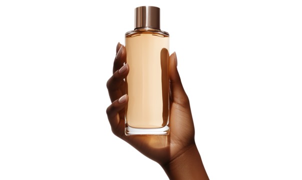 A Black woman's hand holding up an elegant glass bottle of shampoo, transparent background PNG cutout, isolated on a white background.