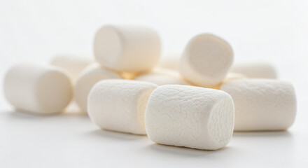 Stack of white marshmallows. They are cylindrical in shape and appear soft and fluffy, arranged casually against a white plain background.