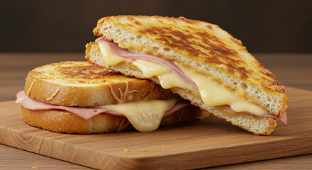 Grilled sandwich with melted cheese and slices of ham on a wooden board. One half of the sandwich is slightly lifted, revealing the gooey cheese inside. Croque monsieur close-up macro photo.
