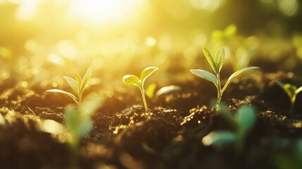 Sprouting seedlings in rich soil bathed in sunlight