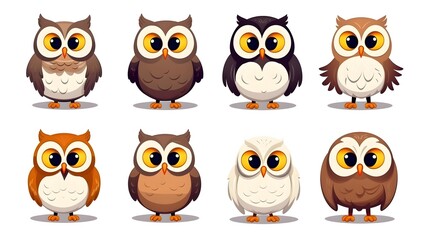Obraz premium Collection of Cute and Funny Oval Owls Isolated on White Background