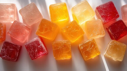 Colorful assorted fruit jelly cubes on a bright surface with natural light