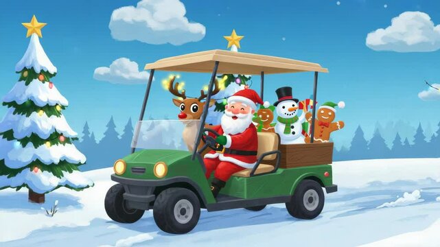 Santa's Christmas Eve Golf Cart Ride - Santa Claus drives a golf cart through a snowy winter wonderland, accompanied by a reindeer, snowman