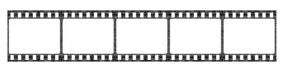 Trendy film strip frame template with four empty slots, cinema reel with grunge grain noisy texture, vintage aesthetic design  on transparent background 