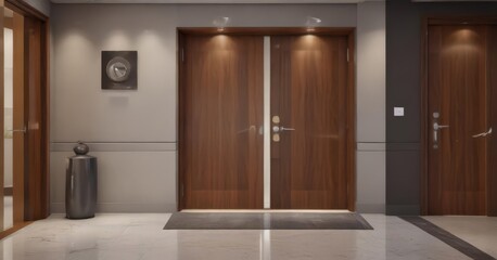 Contemporary lobby featuring a polished service bell and discreet door , chrome, entrance