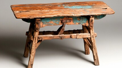 Rustic wooden stool with aged paint, worn appearance, and unique structural design