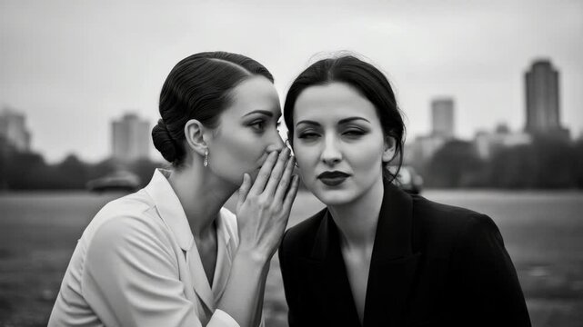Woman Whispering Secret to Friend in City Park - Two elegant women, dressed in stylish blazers, stand in a city park.  One woman leans in close to whisper a secret to her friend