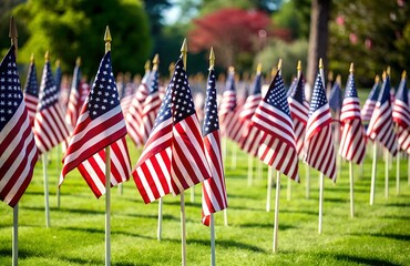Multiple Small Flags In A Line On A Lawn