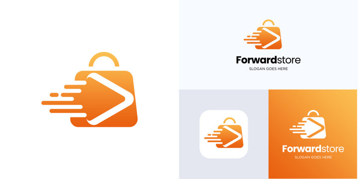 Fast store logo icon design vector, bag with forward arrow for e commerce easy for customers to quickly find daily. usable for identity business shop and shopping online or offline