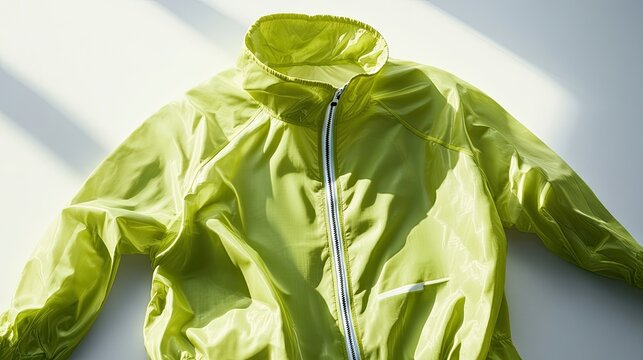 A vivid lime green windbreaker laid flat
