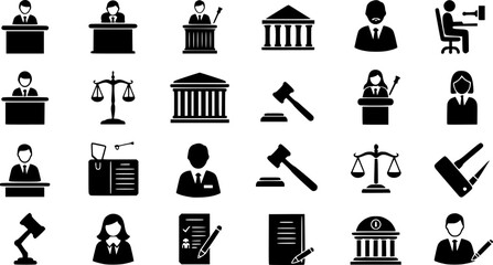 vector set of courtroom icon, witness stand icon, judge room icon, tribunal icon court room icons, Judge Team Icons Sign Vector
