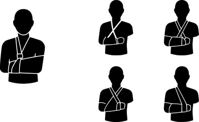 vector set of Work Related Injury Icon – Person Wearing a Sling, man broken arm wearing splint icon, accident injuries icon
