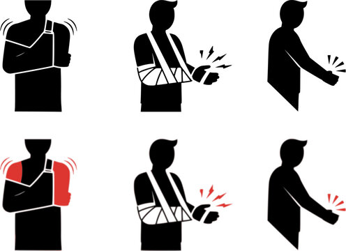 vector set of Work Related Injury Icon – Person Wearing a Sling, man broken arm wearing splint icon, accident injuries icon

