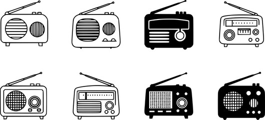 vector set of Radio icon, radio vector thin line icon, radio icon vector logo template, radio icon silhouette, Radio icon vector, vintage radio icon, Old retro Receiver waves, Radio icon simple vector