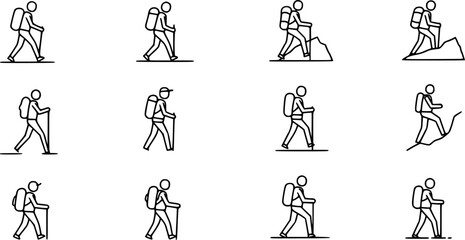 vector set of Hiking icon, Hiking icon in line style, adventure icon, Silhouette of a climber. Walking icon, Hiking line icon. Simple outline style. Activity, nature, trekking, walk, adventure concept