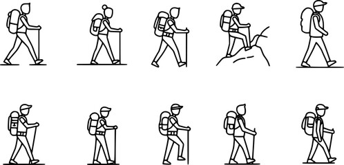 vector set of Hiking icon, Hiking icon in line style, adventure icon, Silhouette of a climber. Walking icon, Hiking line icon. Simple outline style. Activity, nature, trekking, walk, adventure concept