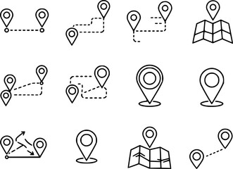vector set of Route Optimization line icon, Route icon between two points with dotted path and location pin. Route location icon

