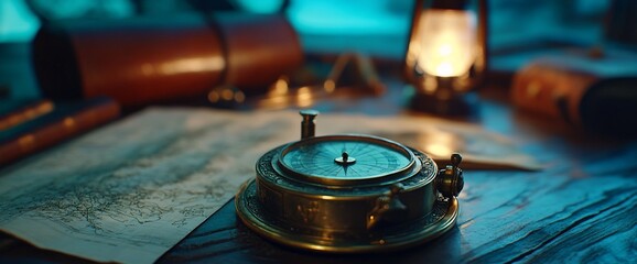 Antique Compass and Map on a Wooden Table with Lantern Illuminating the Scene